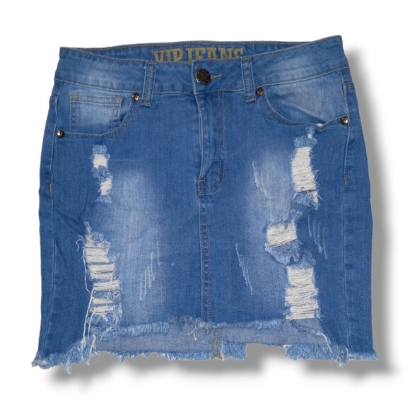 VIP Jeans Distressed Denim Skirt-Medium-Micro Mini-Barbie Streetwear-Y2K-Raw Hem - Picture 1 of 5